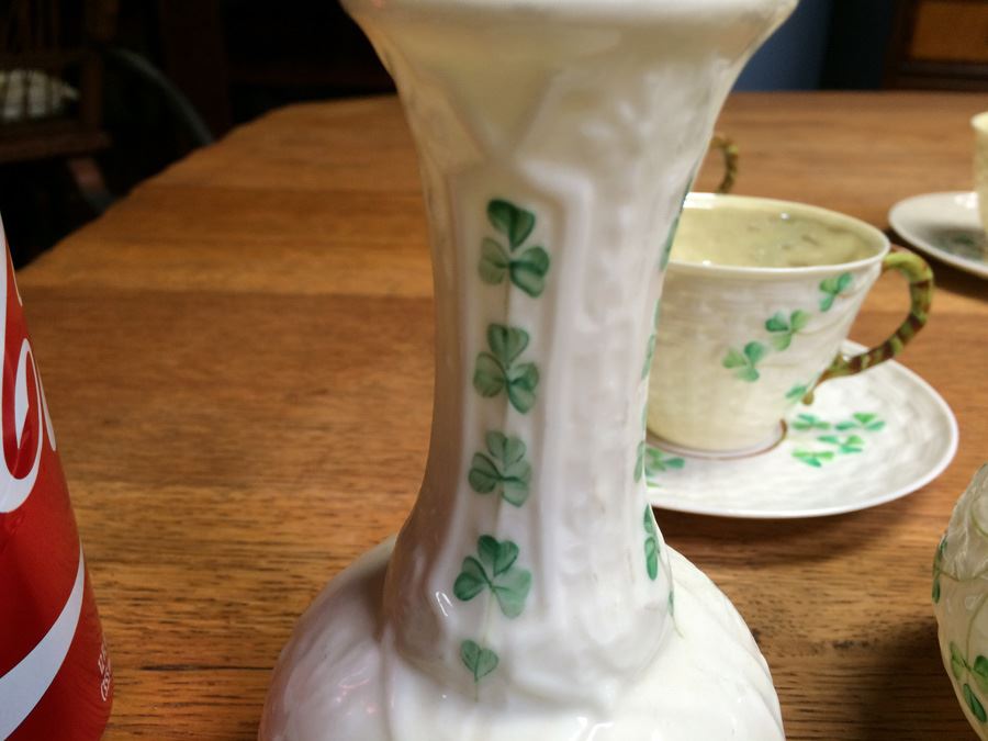 Amazing Vintage Set of Beleek Ireland Shamrock China Teapot, Tea Cups, Saucers, Creamer, Sugar, Vase, & Plates [Photo 13]
