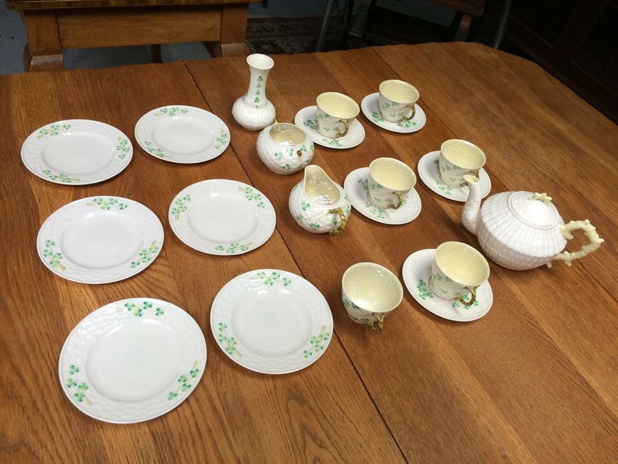 Amazing Vintage Set of Beleek Ireland Shamrock China Teapot, Tea Cups, Saucers, Creamer, Sugar, Vase, & Plates