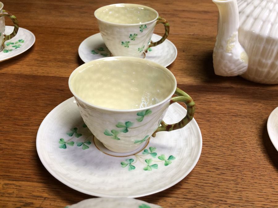 Amazing Vintage Set of Beleek Ireland Shamrock China Teapot, Tea Cups, Saucers, Creamer, Sugar, Vase, & Plates [Photo 17]