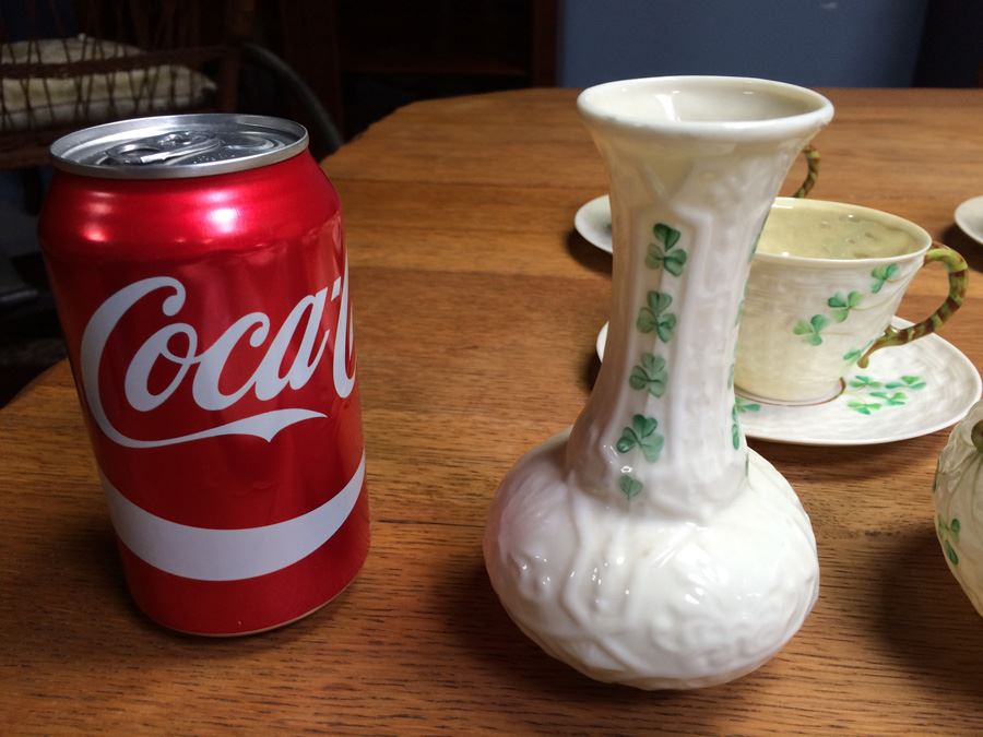 Amazing Vintage Set of Beleek Ireland Shamrock China Teapot, Tea Cups, Saucers, Creamer, Sugar, Vase, & Plates [Photo 12]