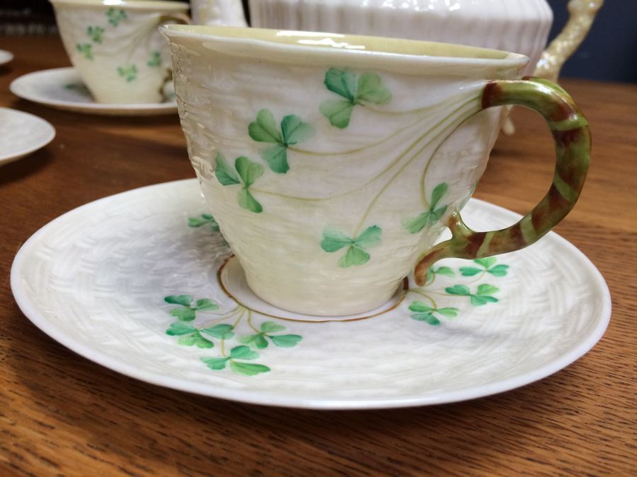 Amazing Vintage Set of Beleek Ireland Shamrock China Teapot, Tea Cups, Saucers, Creamer, Sugar, Vase, & Plates [Photo 3]