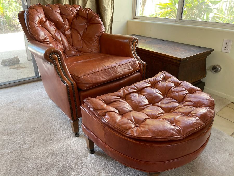 Vintage Tufted Leather Armchair With Ottoman By Century Furniture Hickory, NC [Photo 4]