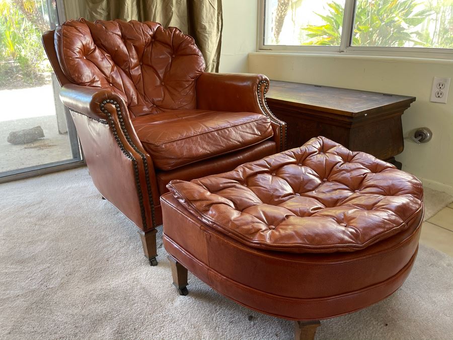 Vintage Tufted Leather Armchair With Ottoman By Century Furniture Hickory, NC [Photo 3]