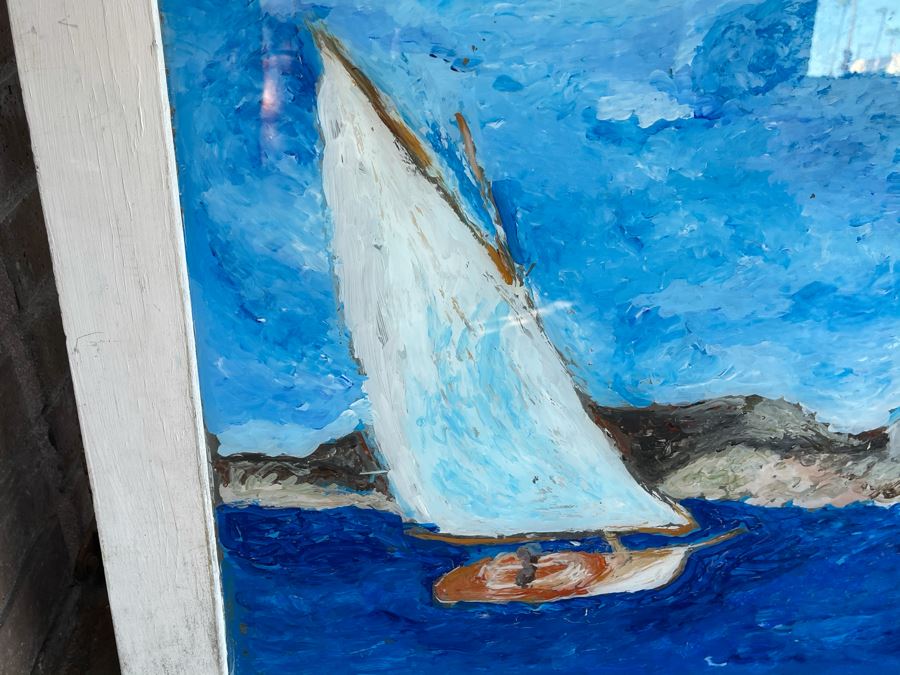 Original Reverse Painted Glass Nautical Sailboat Lighthouse Scene Signed Signature Illegible 38 X 24 [Photo 3]