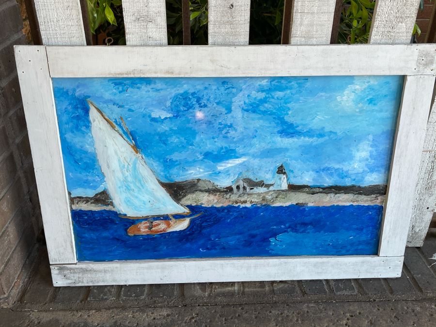 Original Reverse Painted Glass Nautical Sailboat Lighthouse Scene Signed Signature Illegible 38 X 24 [Photo 2]