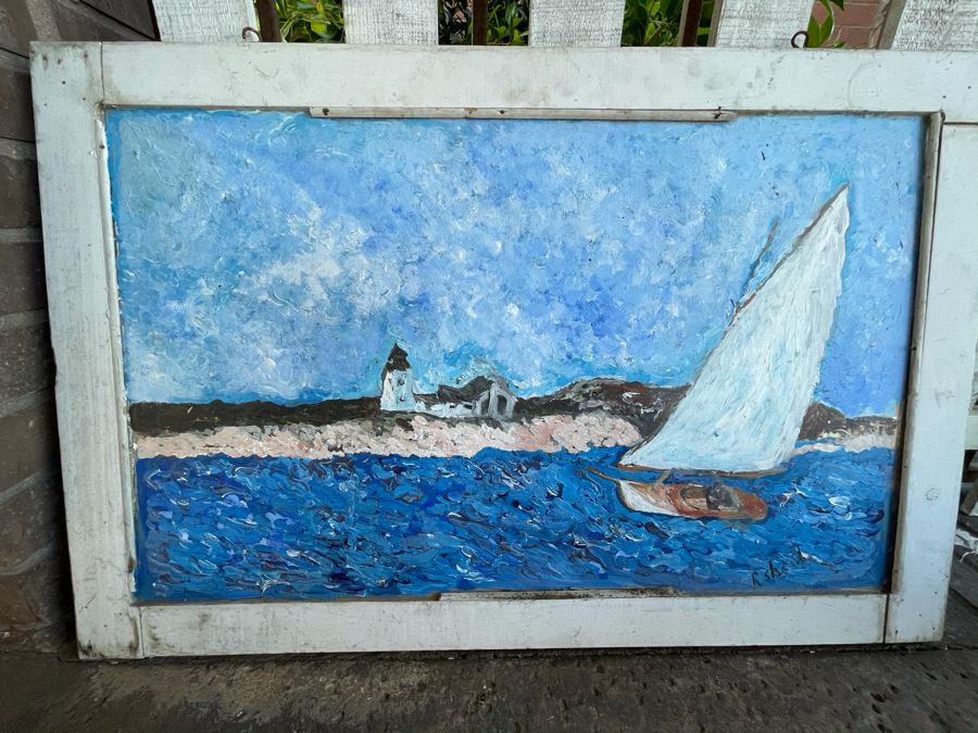 Original Reverse Painted Glass Nautical Sailboat Lighthouse Scene Signed Signature Illegible 38 X 24 [Photo 7]