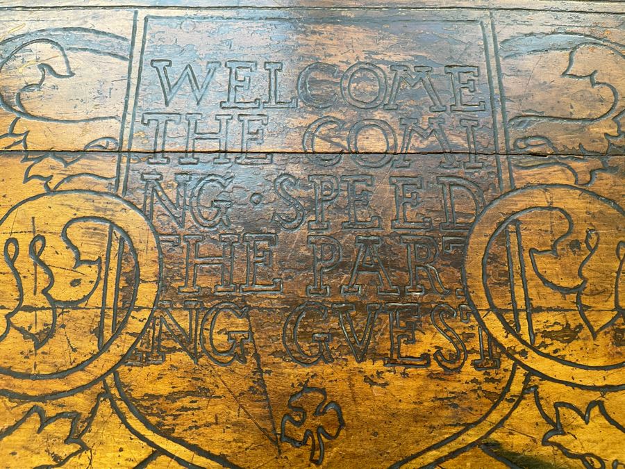 Antique Carved Wooden European Trunk Chest 'Welcome The Coming, Speed The Parting Gvest' 42W X 18D X 17H [Photo 9]