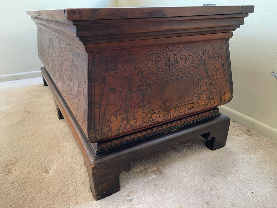 Antique Carved Wooden European Trunk Chest 'Welcome The Coming, Speed The Parting Gvest' 42W X 18D X 17H [Photo 17]