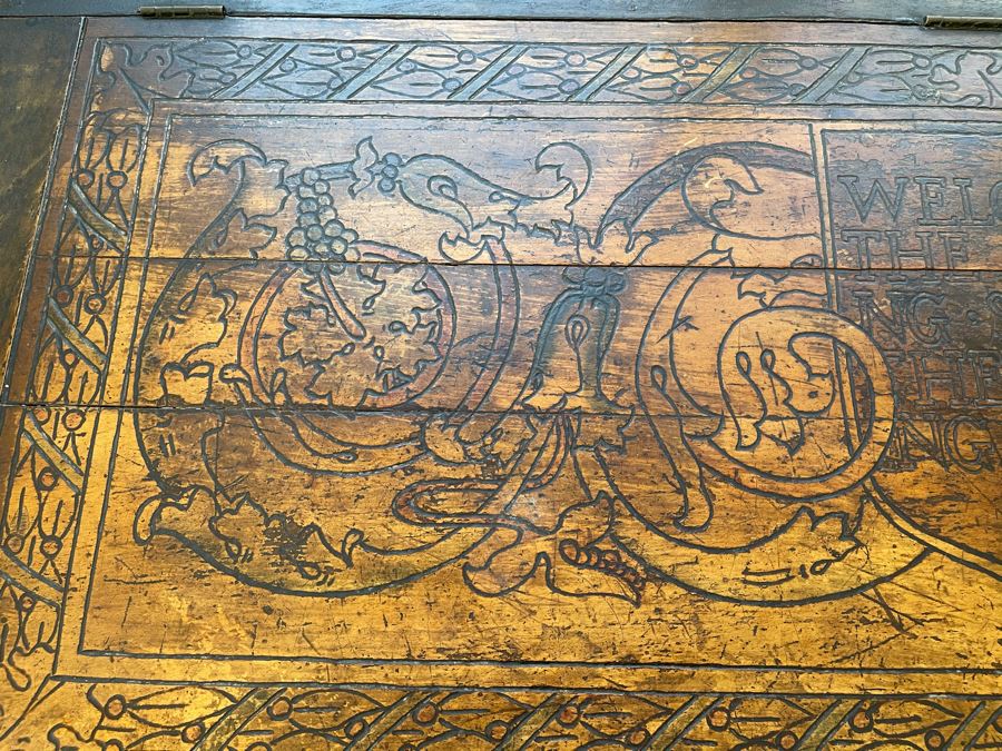 Antique Carved Wooden European Trunk Chest 'Welcome The Coming, Speed The Parting Gvest' 42W X 18D X 17H [Photo 10]