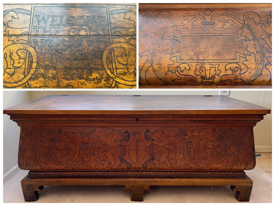 Antique Carved Wooden European Trunk Chest 'Welcome The Coming, Speed The Parting Gvest' 42W X 18D X 17H [Photo 1]