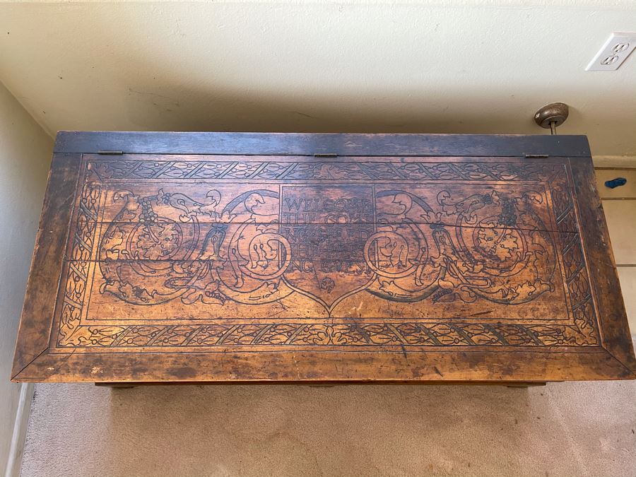 Antique Carved Wooden European Trunk Chest 'Welcome The Coming, Speed The Parting Gvest' 42W X 18D X 17H [Photo 5]