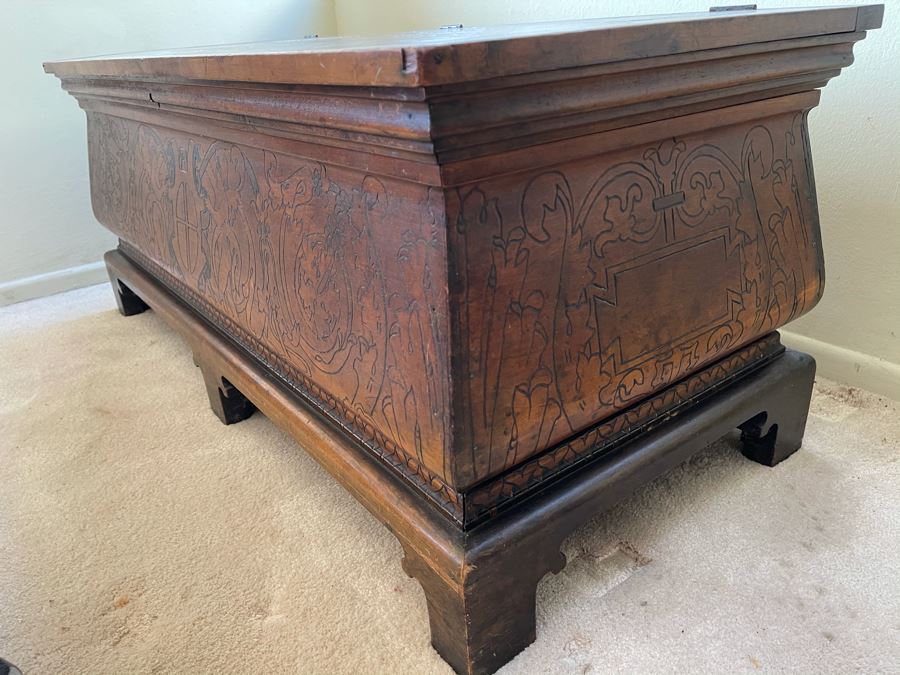 Antique Carved Wooden European Trunk Chest 'Welcome The Coming, Speed The Parting Gvest' 42W X 18D X 17H [Photo 16]