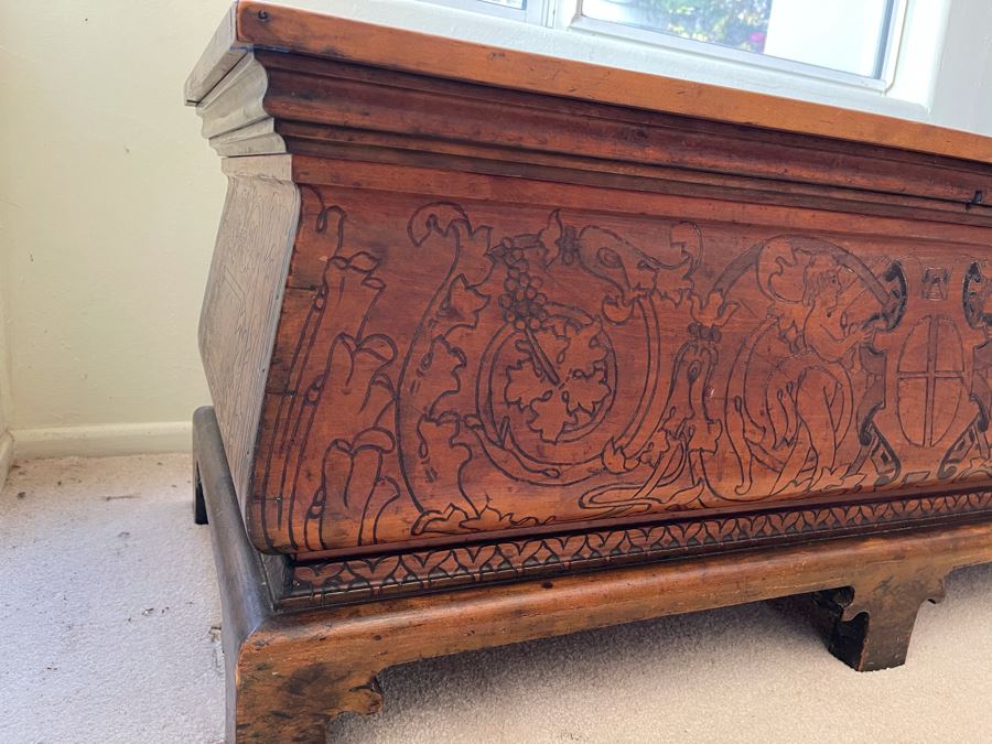 Antique Carved Wooden European Trunk Chest 'Welcome The Coming, Speed The Parting Gvest' 42W X 18D X 17H [Photo 15]