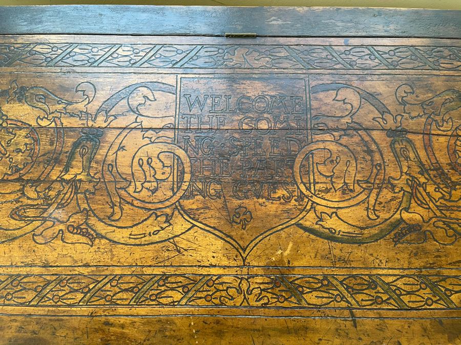 Antique Carved Wooden European Trunk Chest 'Welcome The Coming, Speed The Parting Gvest' 42W X 18D X 17H [Photo 7]