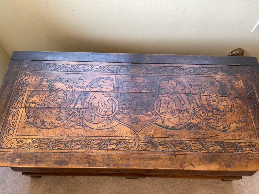 Antique Carved Wooden European Trunk Chest 'Welcome The Coming, Speed The Parting Gvest' 42W X 18D X 17H [Photo 6]