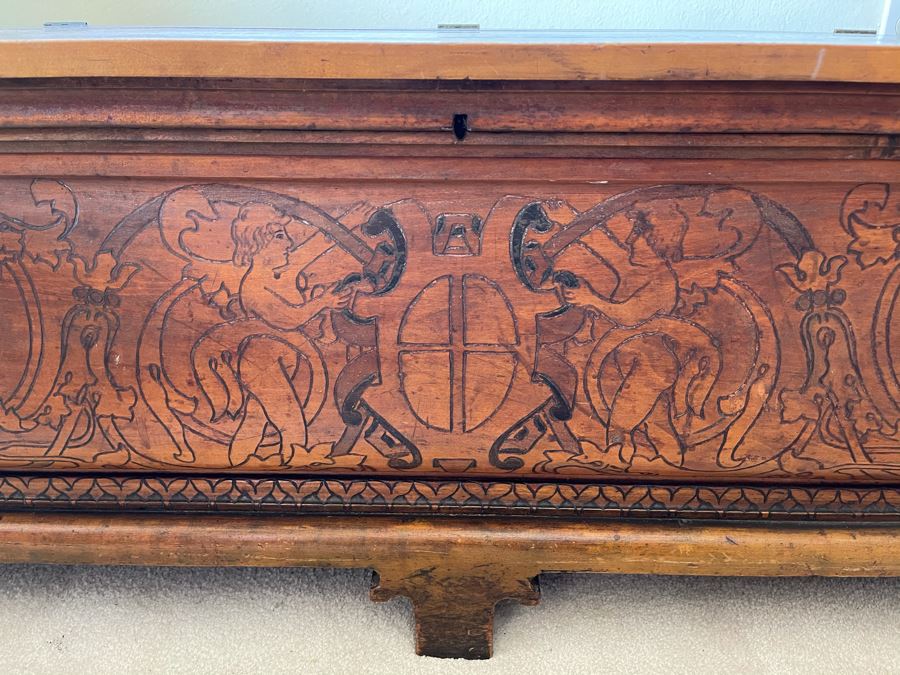 Antique Carved Wooden European Trunk Chest 'Welcome The Coming, Speed The Parting Gvest' 42W X 18D X 17H [Photo 12]