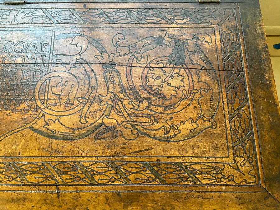 Antique Carved Wooden European Trunk Chest 'Welcome The Coming, Speed The Parting Gvest' 42W X 18D X 17H [Photo 11]
