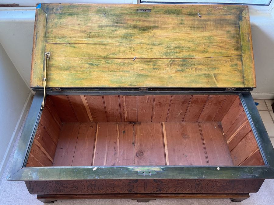 Antique Carved Wooden European Trunk Chest 'Welcome The Coming, Speed The Parting Gvest' 42W X 18D X 17H [Photo 22]