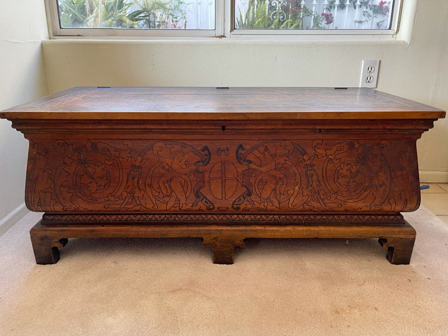 Antique Carved Wooden European Trunk Chest 'Welcome The Coming, Speed The Parting Gvest' 42W X 18D X 17H [Photo 3]