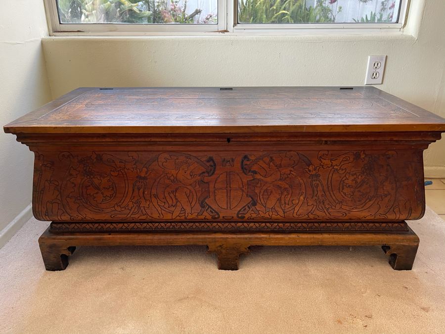 Antique Carved Wooden European Trunk Chest 'Welcome The Coming, Speed The Parting Gvest' 42W X 18D X 17H [Photo 2]