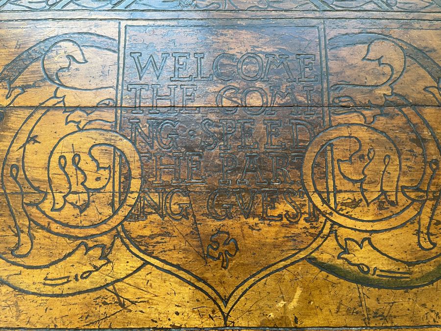 Antique Carved Wooden European Trunk Chest 'Welcome The Coming, Speed The Parting Gvest' 42W X 18D X 17H [Photo 8]