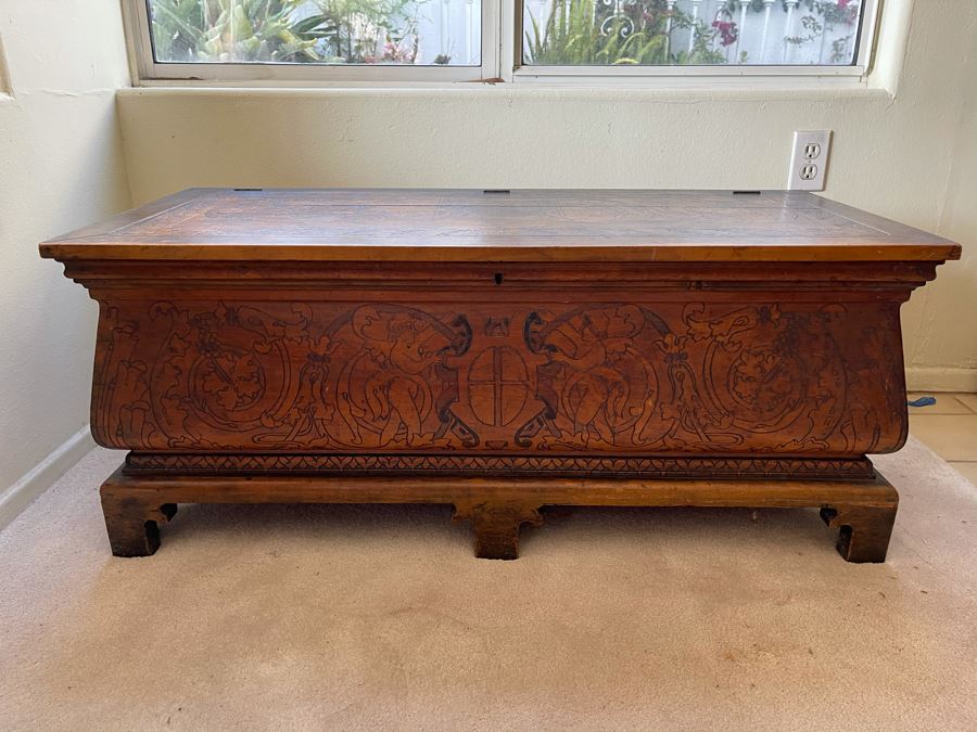 Antique Carved Wooden European Trunk Chest 'Welcome The Coming, Speed The Parting Gvest' 42W X 18D X 17H [Photo 4]