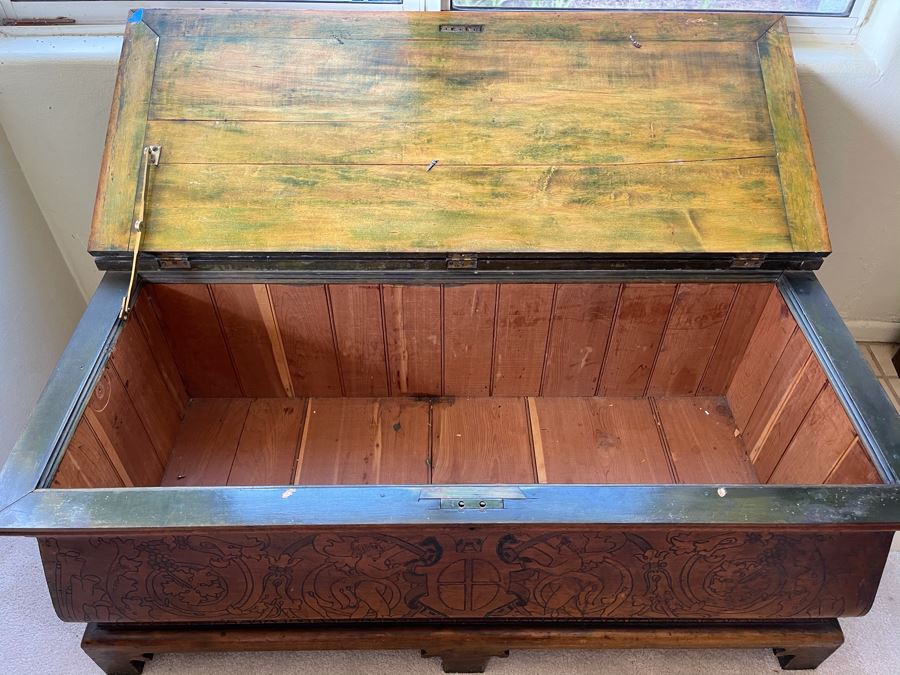 Antique Carved Wooden European Trunk Chest 'Welcome The Coming, Speed The Parting Gvest' 42W X 18D X 17H [Photo 23]