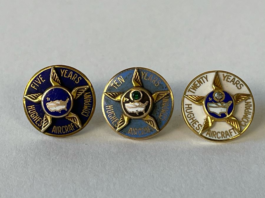 Hughes Aircraft Company Pins: Five Years, Ten Years 10K Gold & Twenty Years 10K Gold (6.3g 10K Gold)