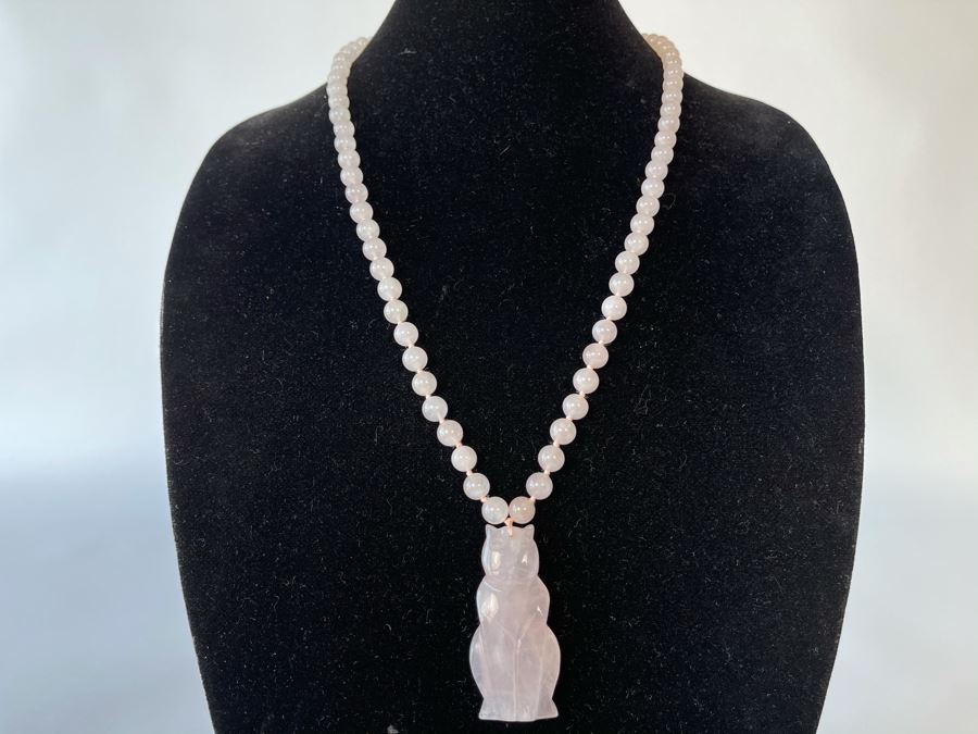 Rose Quartz Carved Cat Pendant And Rose Quartz Beaded Necklace 28'L [Photo 4]