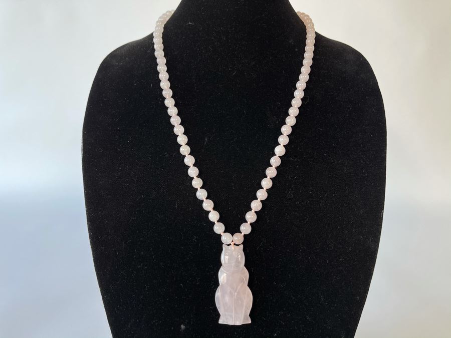 Rose Quartz Carved Cat Pendant And Rose Quartz Beaded Necklace 28'L [Photo 2]