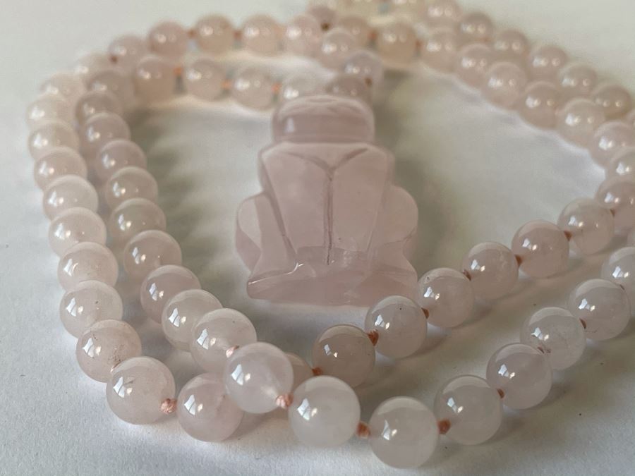 Rose Quartz Carved Cat Pendant And Rose Quartz Beaded Necklace 28'L [Photo 7]