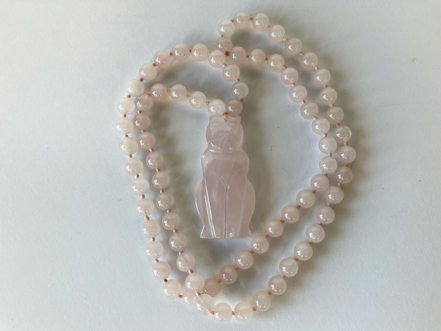 Rose Quartz Carved Cat Pendant And Rose Quartz Beaded Necklace 28'L [Photo 5]