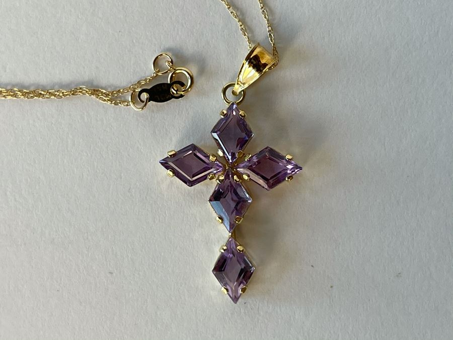 14K Gold Amethyst Cross Pendant With 14K Gold Chain Necklace 2.8g