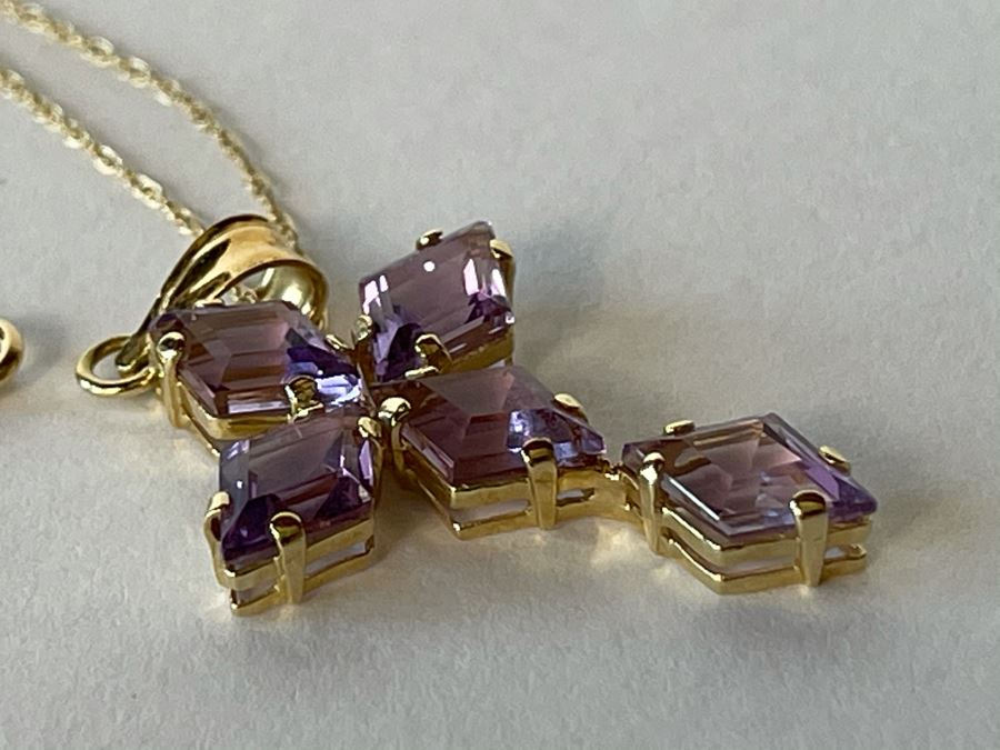 14K Gold Amethyst Cross Pendant With 14K Gold Chain Necklace 2.8g [Photo 7]