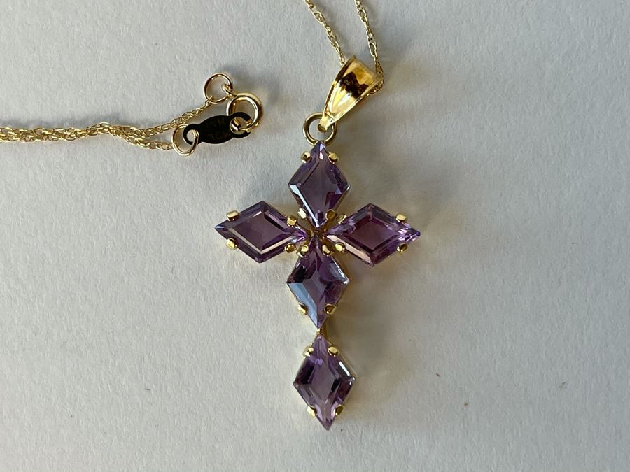 14K Gold Amethyst Cross Pendant With 14K Gold Chain Necklace 2.8g [Photo 3]