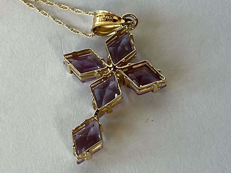 14K Gold Amethyst Cross Pendant With 14K Gold Chain Necklace 2.8g [Photo 8]