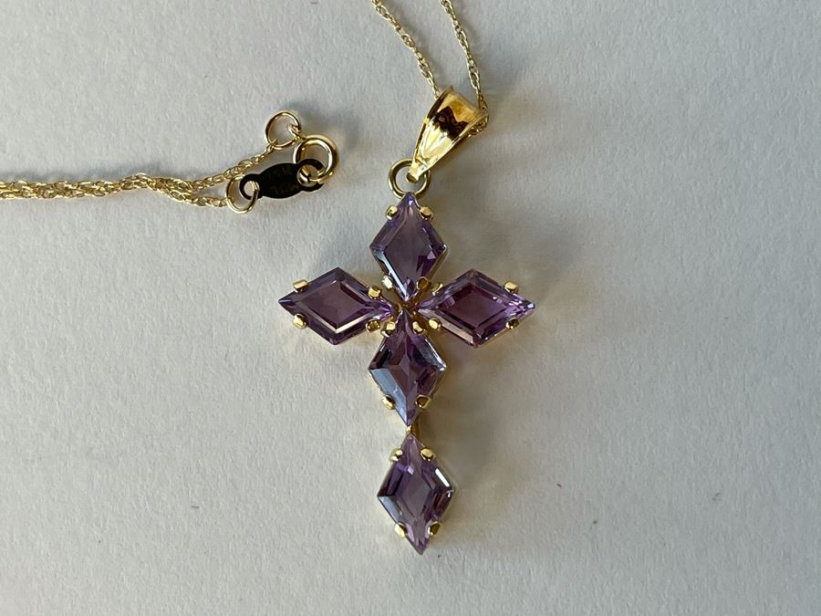 14K Gold Amethyst Cross Pendant With 14K Gold Chain Necklace 2.8g [Photo 5]
