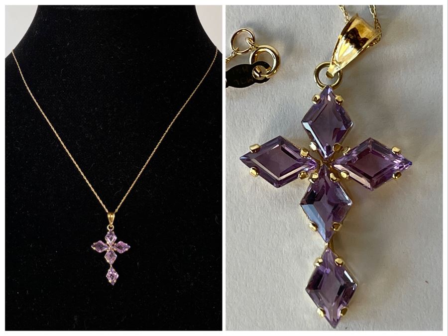 14K Gold Amethyst Cross Pendant With 14K Gold Chain Necklace 2.8g