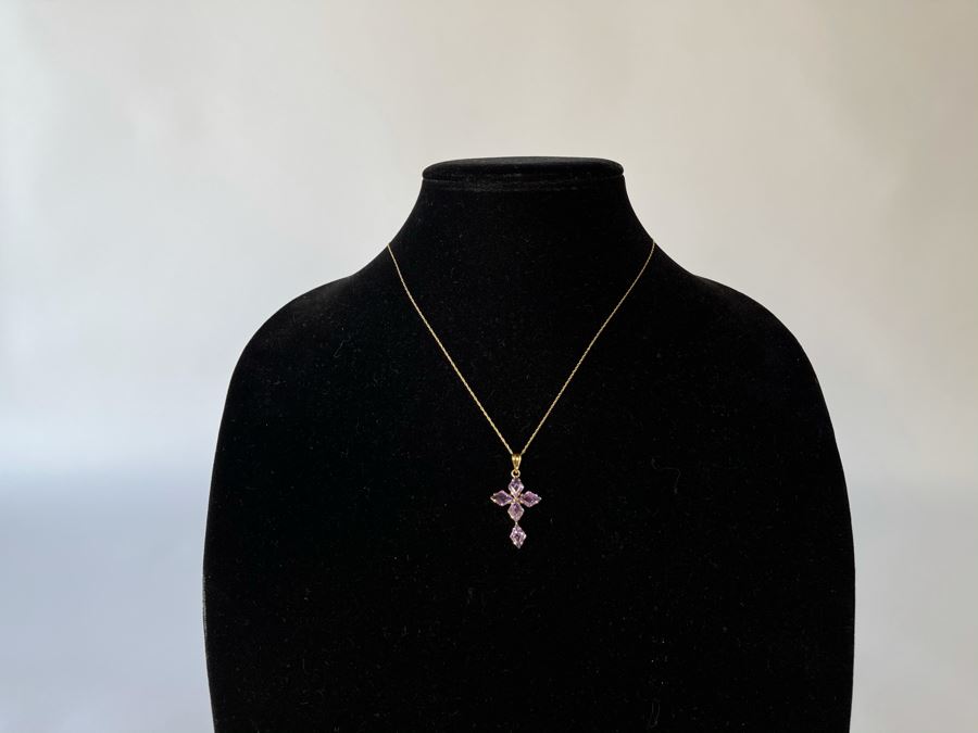 14K Gold Amethyst Cross Pendant With 14K Gold Chain Necklace 2.8g [Photo 2]