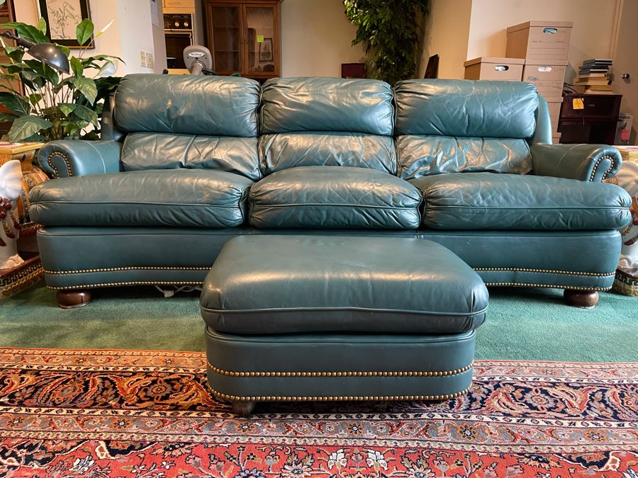 Hancock & Moore Finest Leather Sofa With Brass Nailheads - Comes With Matching Leather Ottoman 82W X 36D X 31H [Photo 2]