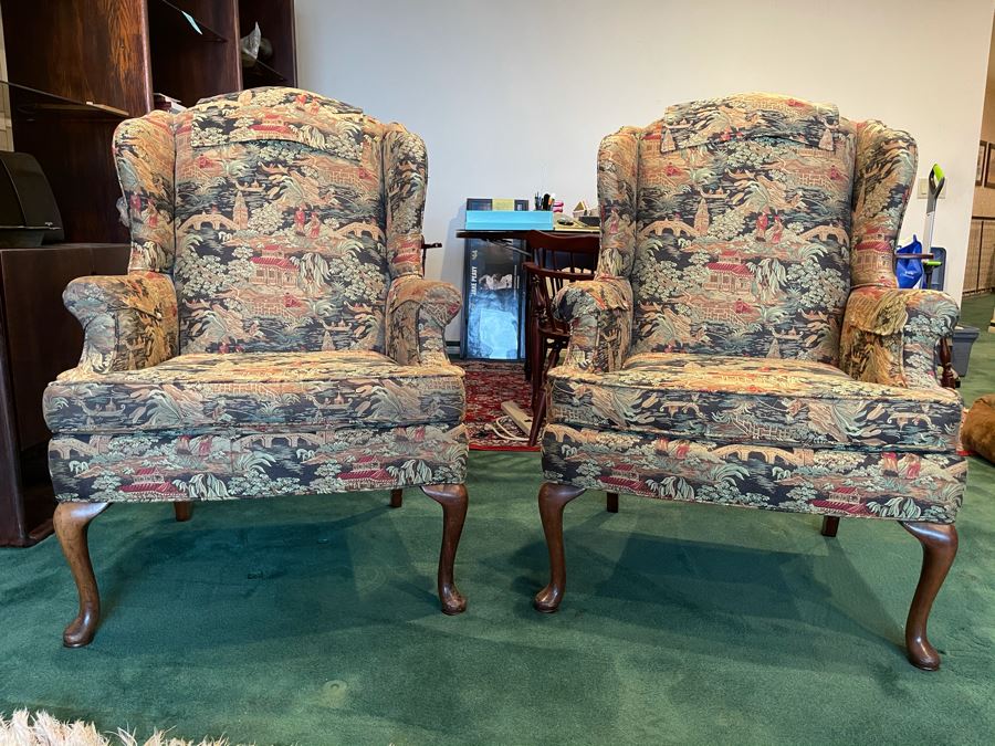 Pair Of Vintage Newly Reupholstered Wing Back Queen Anne Chairs 30W X 24D X 40H [Photo 3]