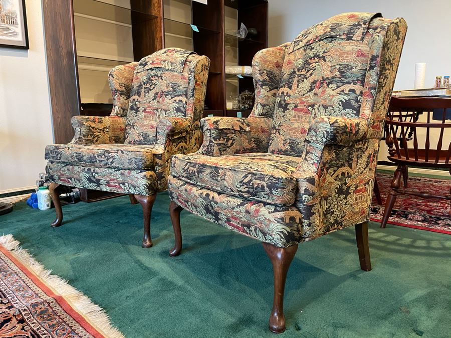 Pair Of Vintage Newly Reupholstered Wing Back Queen Anne Chairs 30W X 24D X 40H [Photo 5]