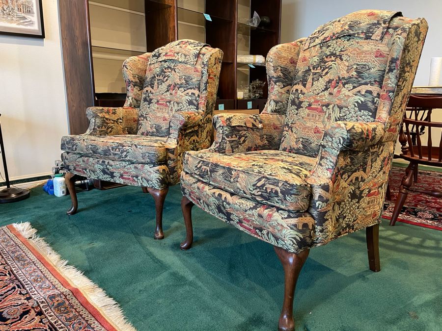 Pair Of Vintage Newly Reupholstered Wing Back Queen Anne Chairs 30W X 24D X 40H [Photo 4]