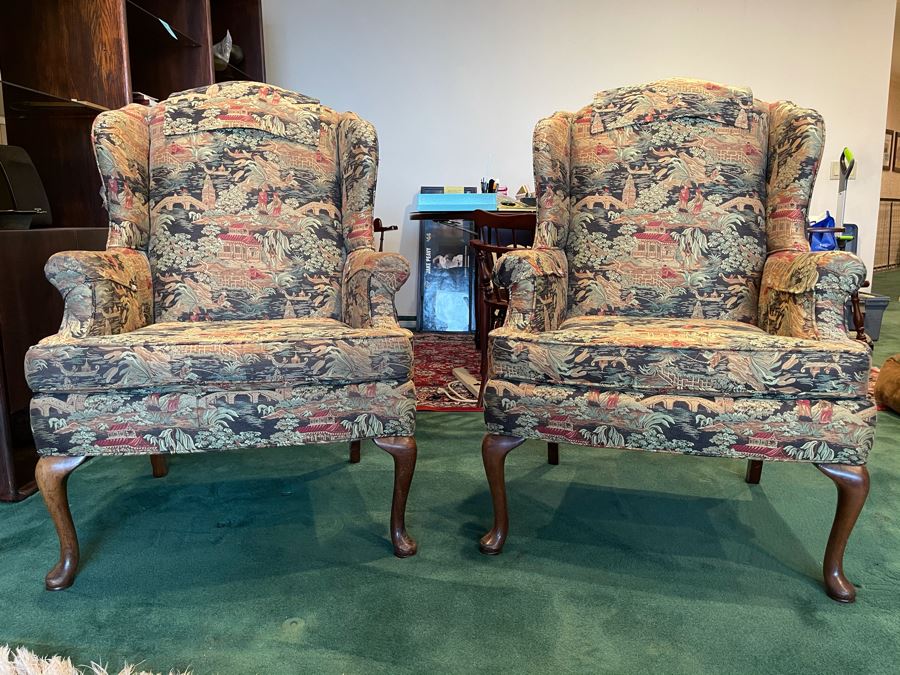 Pair Of Vintage Newly Reupholstered Wing Back Queen Anne Chairs 30W X 24D X 40H [Photo 2]