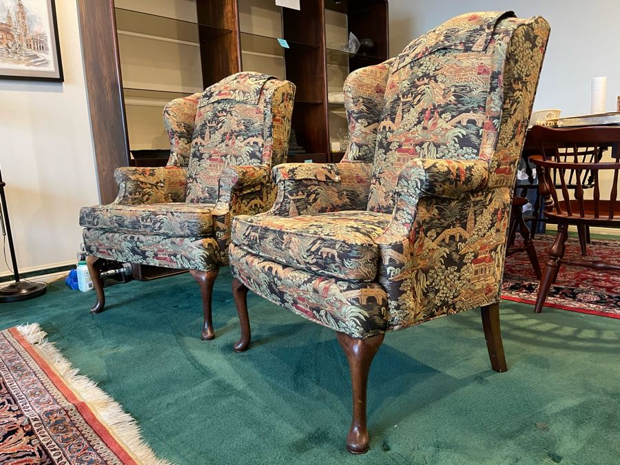 Pair Of Vintage Newly Reupholstered Wing Back Queen Anne Chairs 30W X 24D X 40H [Photo 6]