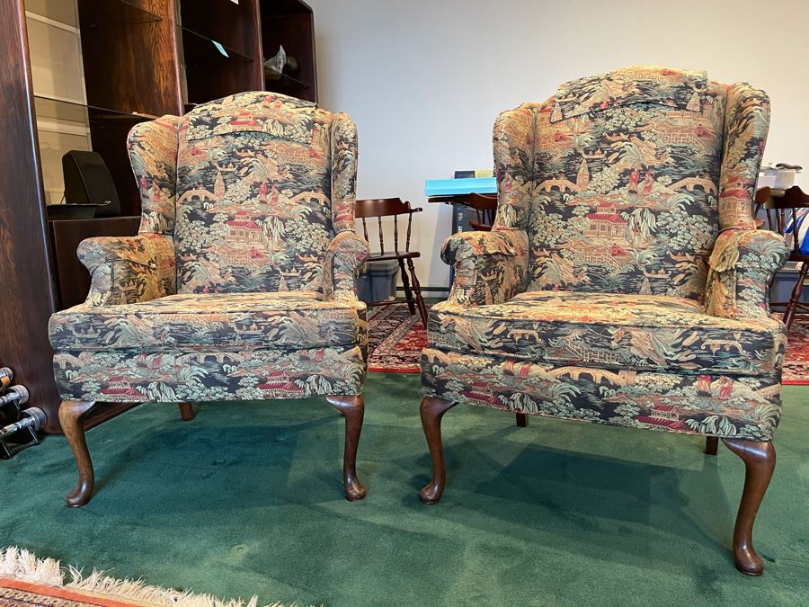 Pair Of Vintage Newly Reupholstered Wing Back Queen Anne Chairs 30W X 24D X 40H [Photo 1]