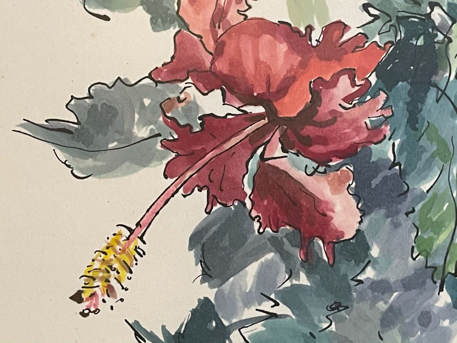 Original Signed Vintage 1968 Mid-Century Asian Floral Painting Framed 9 X 10 [Photo 4]