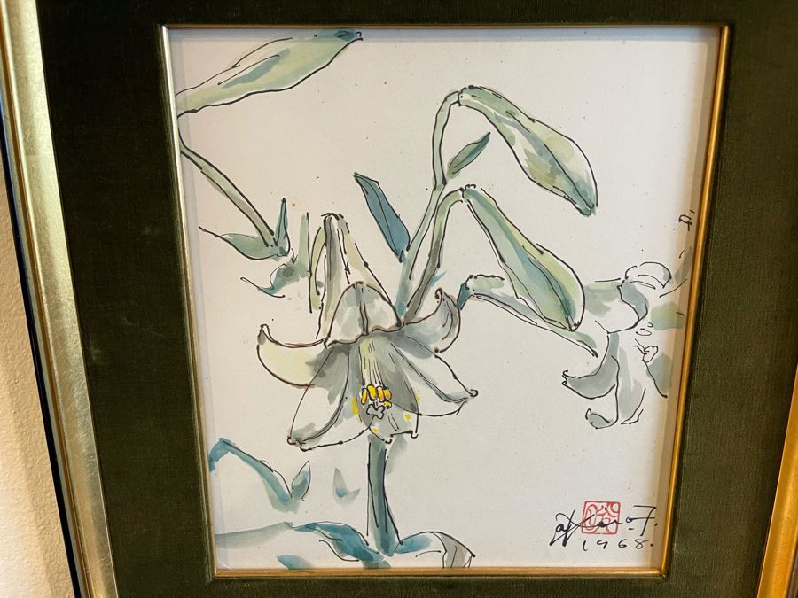 Original Signed Vintage 1968 Mid-Century Asian Floral Painting Framed 9 X 10 [Photo 3]