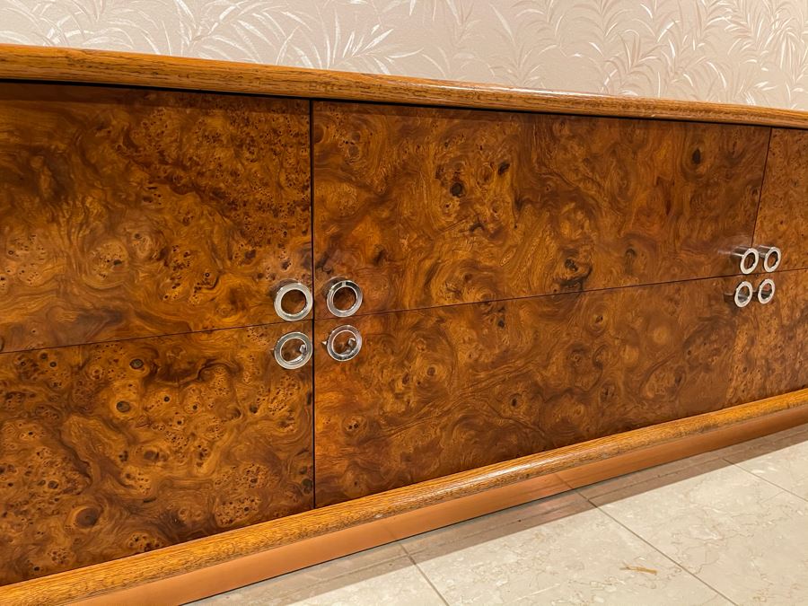 Rare Lou Hodges For California Design Group Oak Credenza With Burled Walnut Front, Chrome Hardware And Copper Base 84W X 18D X 23H (Client Purchased Lou Hodges Personal Home) [Photo 2]
