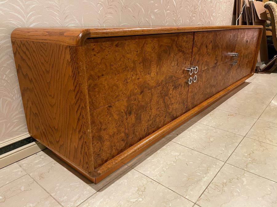 Rare Lou Hodges For California Design Group Oak Credenza With Burled Walnut Front, Chrome Hardware And Copper Base 84W X 18D X 23H (Client Purchased Lou Hodges Personal Home) [Photo 8]